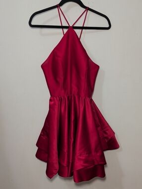 Blondie Nites Red Satin Halter Fit-and-Flare Party Dress Handkerchief Hem Size 5